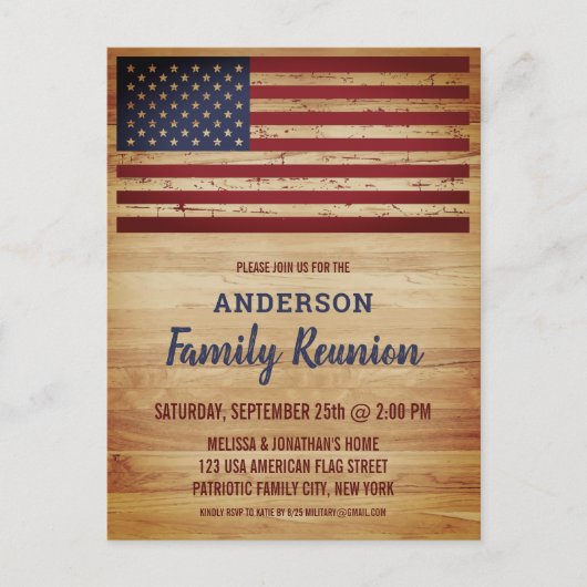 アメリカンな赤白青の星条旗 ファミリー リユニオン インビテーションポストカード (正面)