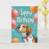アメリカンイングリッシュフォックスハウンドとバルーン誕生日 カード (黄色い花)