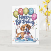 アメリカンイングリッシュフォックスハウンドとバルーン誕生日 カード (黄色い花)
