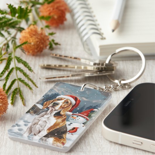 アメリカンイングリッシュフォックスハウンドウィンタークリスマスジョイ キーホルダー (正面右)