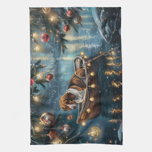 アメリカンイングリッシュフォックスハウンドクリスマスフェスティバル航海 キッチンタオル (縦)