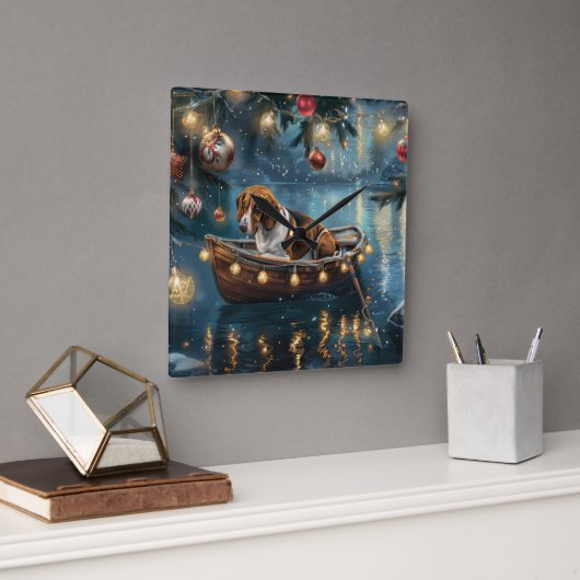 アメリカンイングリッシュフォックスハウンドクリスマスフェスティバル航海 スクエア壁時計 (オフィス)