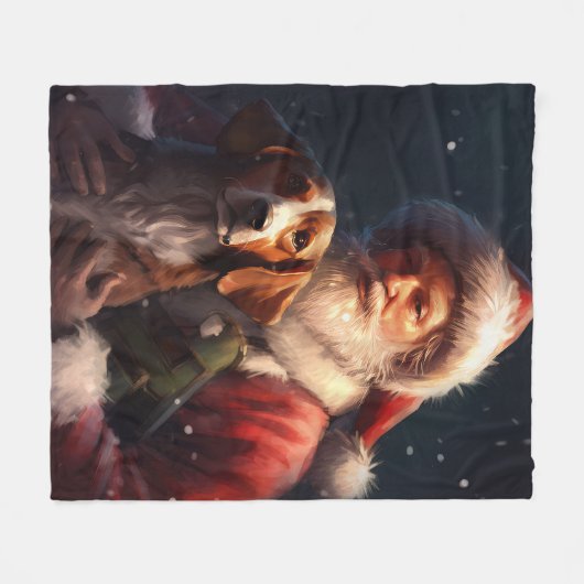 アメリカンイングリッシュフォックスハウンドサンタクロースのクリスマス フリースブランケット (正面(横))