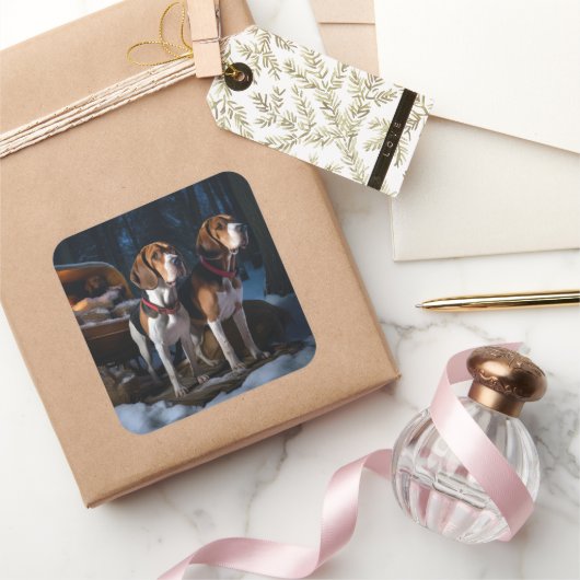 アメリカンイングリッシュフォックスハウンドスノーウィースライクリスマス スクエアシール (ギフト)