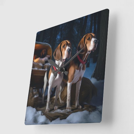 アメリカンイングリッシュフォックスハウンドスノーウィースライクリスマス スクエア壁時計 (傾斜)