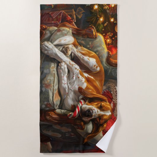 アメリカンイングリッシュフォックスハウンドドッグクリスマスフェスティバル ビーチタオル (正面)