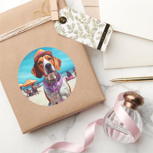 アメリカンイングリッシュフォックスハウンドビーチ、夏の贈り物 ラウンドシール (ギフト)