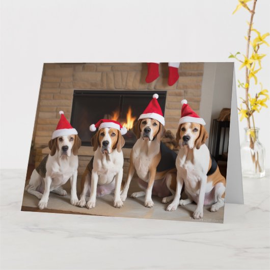 アメリカンイングリッシュフォックスハウンド暖炉クリスマス カード (黄色い花)