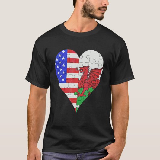アメリカンウェールズ国旗のハート Tシャツ (正面)