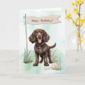 アメリカンウォータースパニエル犬ドッグ誕生日標識 カード (黄色い花)