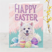 アメリカンエスキモフォックスハウンドハッピーイースター カード (黄色い花)