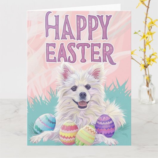 アメリカンエスキモフォックスハウンドハッピーイースター カード (黄色い花)