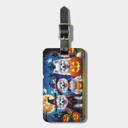 アメリカンエスキモー犬のハロウィンカボチャおもしろ画像 ラゲッジタグ (正面縦)