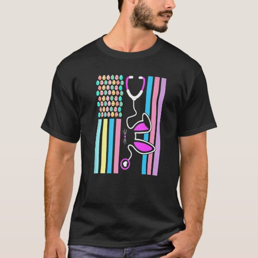 アメリカンエッグ国旗の聴診器バニーナース医 Tシャツ (正面)