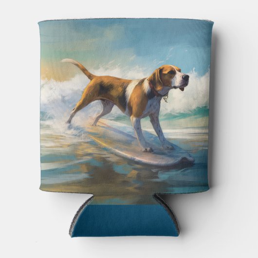 アメリカンエングリホクハウンドビーチ絵画サーフィン 缶クーラー (正面)