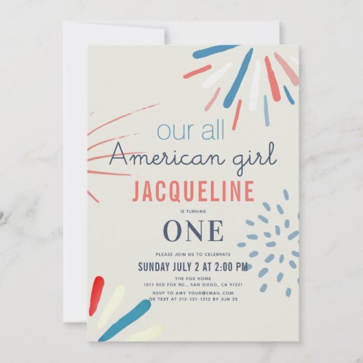 アメリカンガール7月4日の花火1日の誕生日 招待状 (正面)