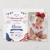 アメリカンガール 誕生日 7月4日 写真 招待状 (正面)