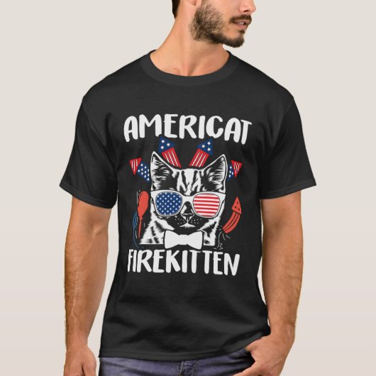 アメリカンキャット 花火子猫 アメリカ独立記念日 花火 Tシャツ (正面)