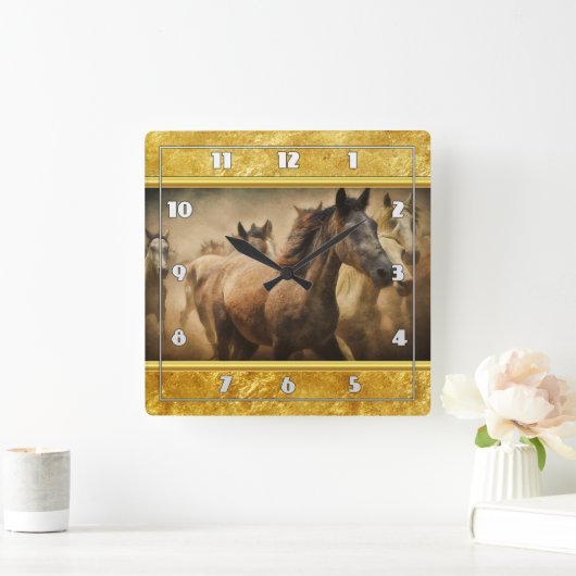 アメリカンクォーターホースと金ゴールドフォイルデザイン スクエア壁時計 (ホーム)