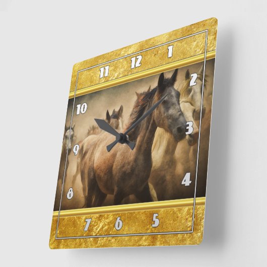 アメリカンクォーターホースと金ゴールドフォイルデザイン スクエア壁時計 (傾斜)