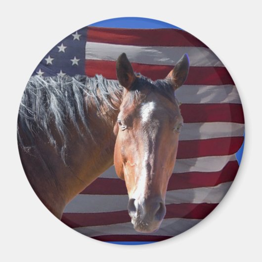 アメリカンクオーターホースとフラグ – 愛国的 マグネット (正面)