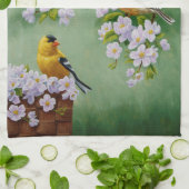 アメリカンゴールドフィンチ&ピンクアップルの花 キッチンタオル (折り畳み)