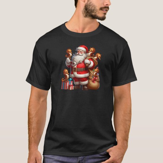 アメリカンサンタクロース保持シーホースプレゼントクリスマス Tシャツ (正面)