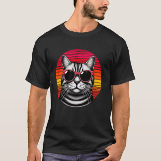 アメリカンショートヘア 猫 レトロ ビンテージ サンセット サングラス Tシャツ
