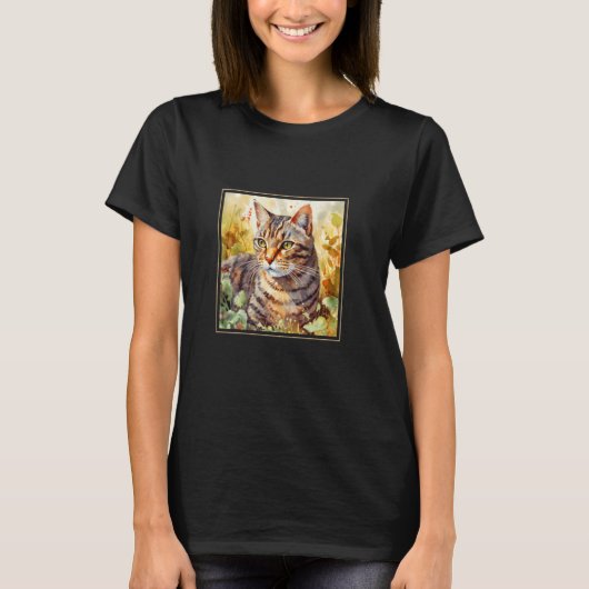 アメリカンショートヘア 猫 庭の花 絵 ペット Tシャツ (正面)
