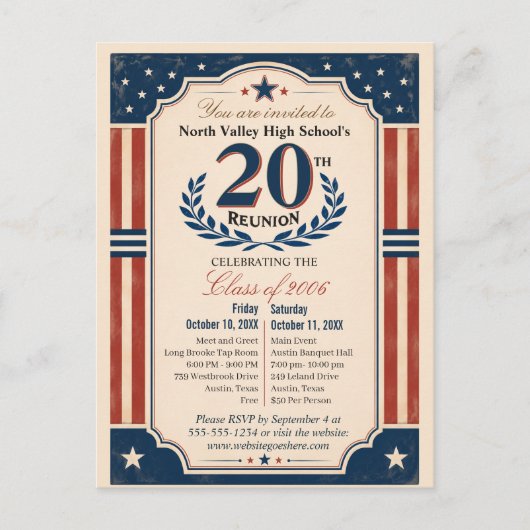 アメリカンスタイルの赤白青20周年高校同窓会 ポストカード (正面)