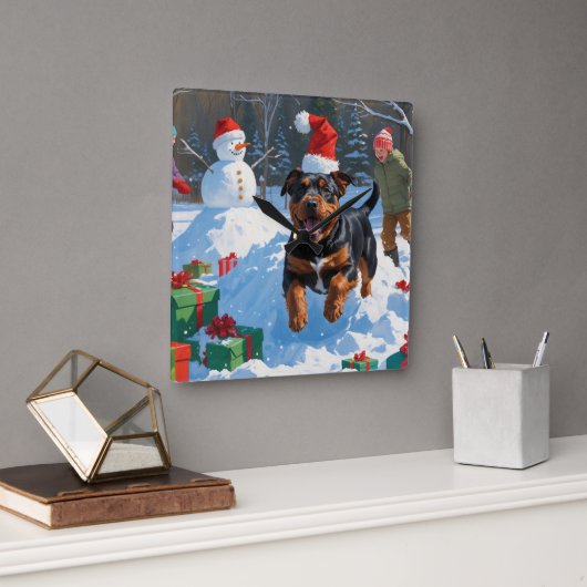 アメリカンスタッフォードシャーのクリスマスフェスティブスノー スクエア壁時計 (オフィス)