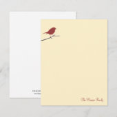アメリカンチェリー色のロビンが雪の枝に止まっているクリームベージュの感謝カード ノートカード (正面/裏面)
