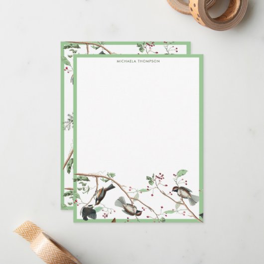 アメリカンチュンチュン鳥 水彩画の実と松ぼっくり ノートカード (正面/裏面インサイチュ)