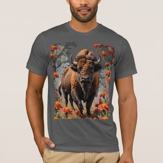 アメリカンバイソンとインディアンペイントブラシ Tシャツ (正面)