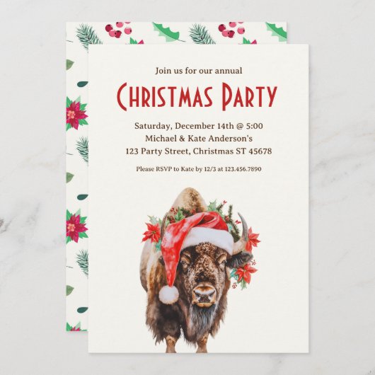 アメリカンバイソンバッファローサンタハットクリスマスパーティー 招待状 (正面/裏面)
