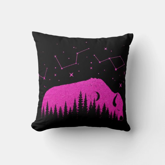 アメリカンバイソン明るい赤紫色ピンクスターズ銀河系ムーン クッション (正面)