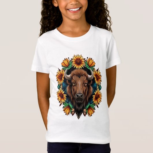 アメリカンバイソン+ひまわりの花輪+カンザス州 Tシャツ (正面)