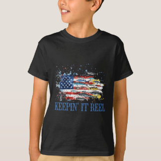 アメリカンフィッシュフラグでレトロな4th Julyフィッシング Tシャツ