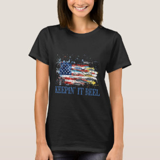 アメリカンフィッシュフラグで釣りを楽しむレトロな7月4日 Tシャツ