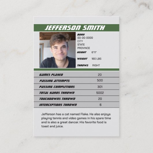 アメリカンフットボールのトレーディングカーカスタムドのギフトグリーン コーリングカード (裏面)