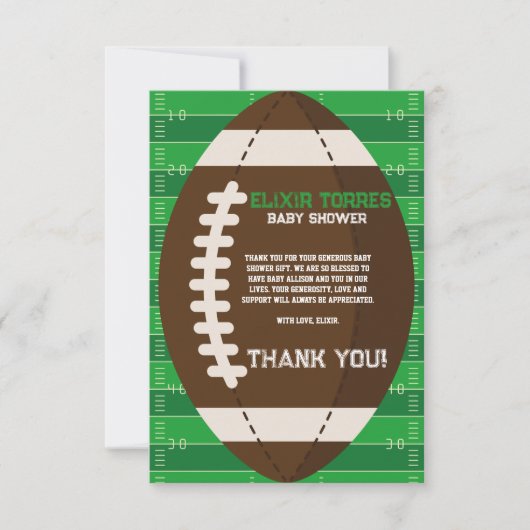 アメリカンフットボールのブラウン&グリーンカラー赤ちゃんシャワー サンキューカード (正面)