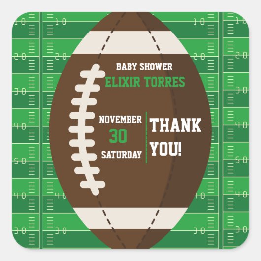 アメリカンフットボールのブラウン&グリーンカラー赤ちゃんシャワー スクエアシール (正面)