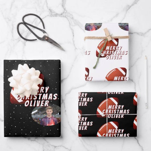 アメリカンフットボールのボールのメリークリスマスフォト10代のー ラッピングペーパーシート (正面)