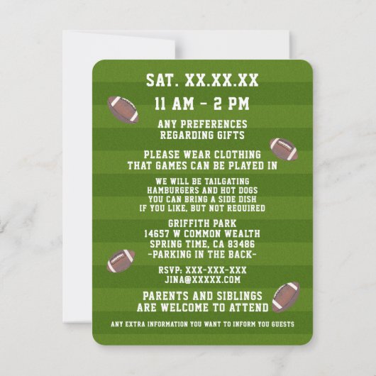 アメリカンフットボールの誕生日パーティーの写真 招待状 (裏面)