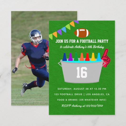 アメリカンフットボールの誕生日パーティーの写真 招待状 (正面/裏面)