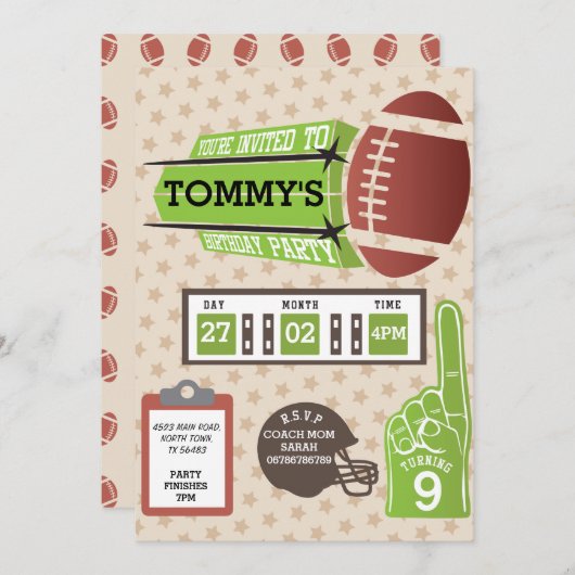 アメリカンフットボール誕生日パーティー招待状スポーツ 招待状 (正面/裏面)