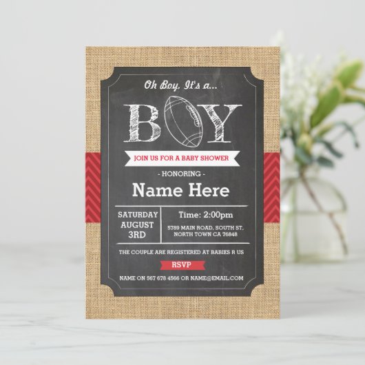 アメリカンフットボール赤ちゃんシャワーボーイラグビー招待状 招待状 (スタンド正面)