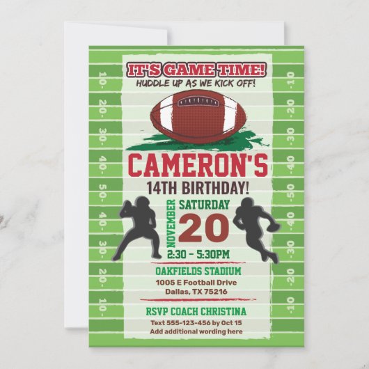 アメリカンフットボールNFLキッズまたは大人誕生日 招待状 (正面)