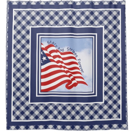 アメリカンフラグイラストレーション赤白青|チェック シャワーカーテン (正面)