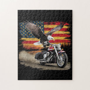 アメリカンフラッグオートバイTシャツUSAフラグバイクもしくは自転車に乗る人Ret ジグソーパズル
